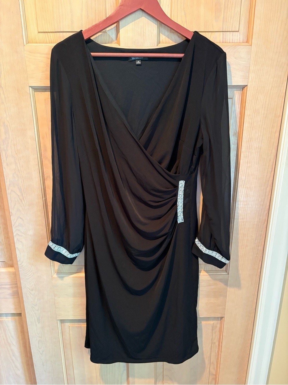 Elegant Black Draped V-Neck Dress with Rhinestone Trim - Sheer Arms Sz. 12